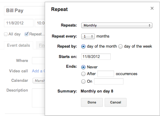 Use Google Calendar to track your monthly payments